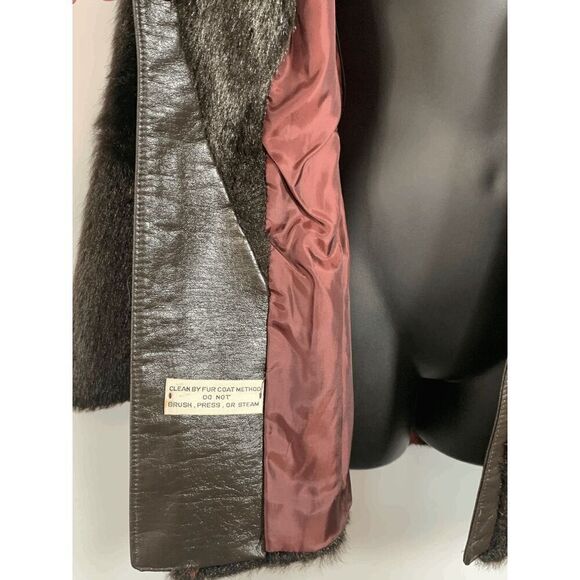 Vintage Women’s Faux Fur Leather Tie Front Shawl Coat Brown Size Medium - Picture 9 of 12